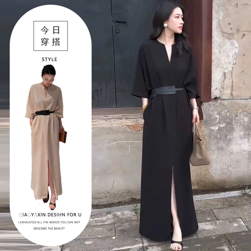 时尚V领连衣裙女2025秋季新款高腰显瘦插肩袖连衣裙中长款直筒裙