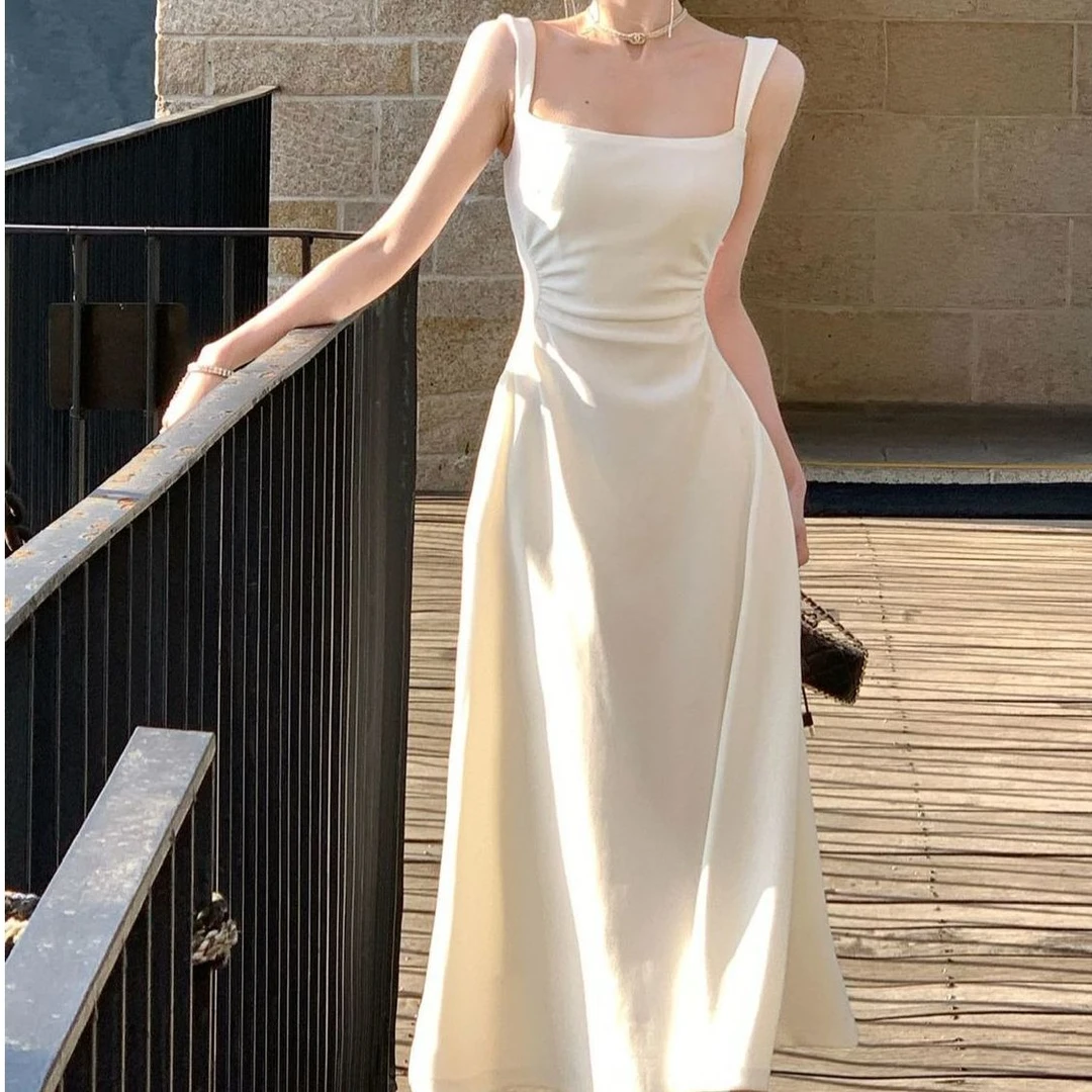 茶歇法式白色收腰吊带连衣裙子女夏季质感高级感小个子气质仙女裙