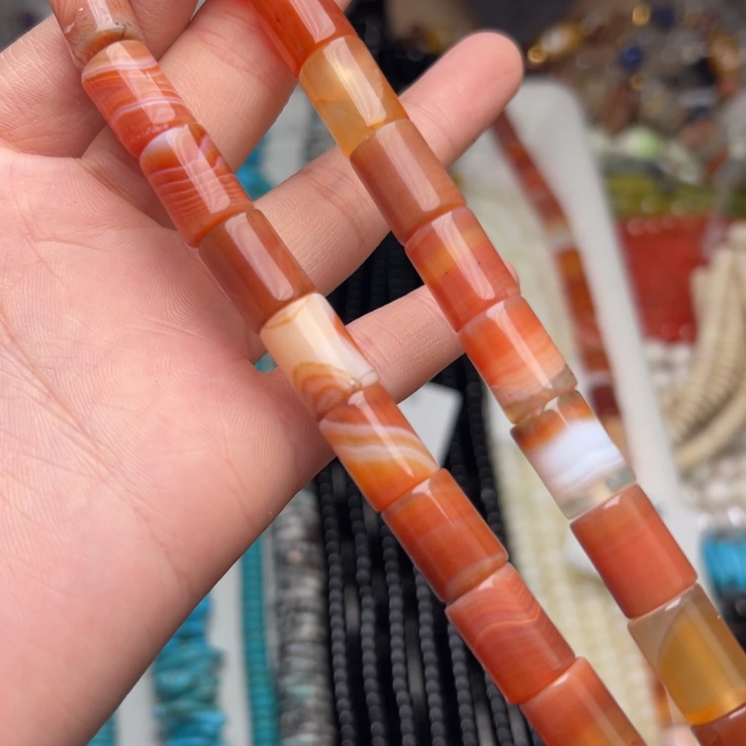 玛瑙/玉髓合金珠宝半成品W435。14*10mm天然缠丝玛瑙桶珠一条
