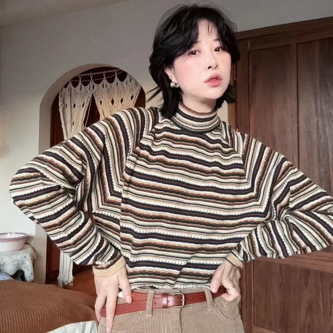 迪迪/撞色条纹长袖毛衣T恤复古