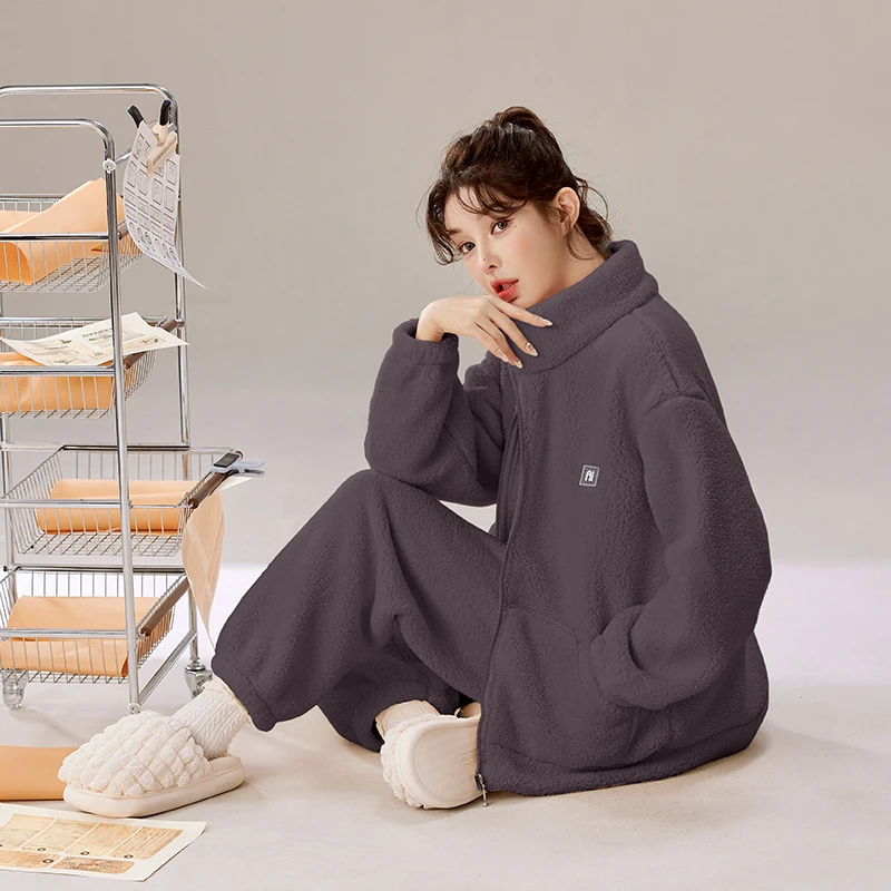 轻奢睡衣女秋冬季长袖毛绒时尚保暖厚款套装立领松紧带居家服套装