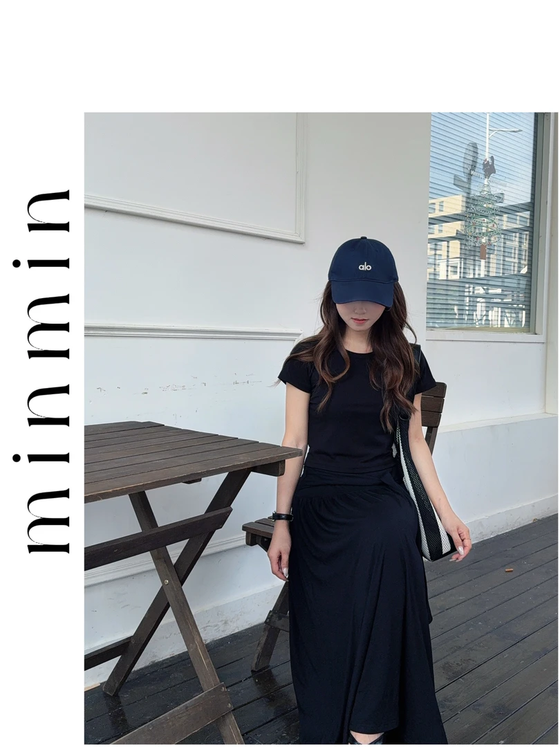 【Minmin】绑带高腰半身裙女夏季2025韩系垂坠感A字长裙63510