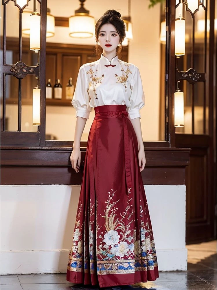 五分袖刺绣上衣马面裙套装2025夏季新款新中式复古气质国风两件套