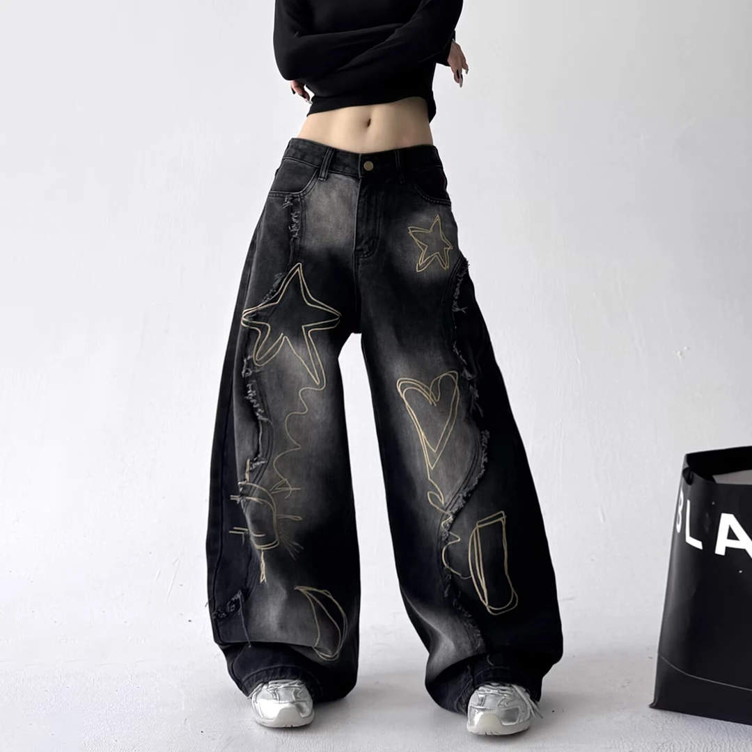 美式高街设计感工装牛仔裤秋冬款复古高腰直筒宽松垂感阔腿长裤