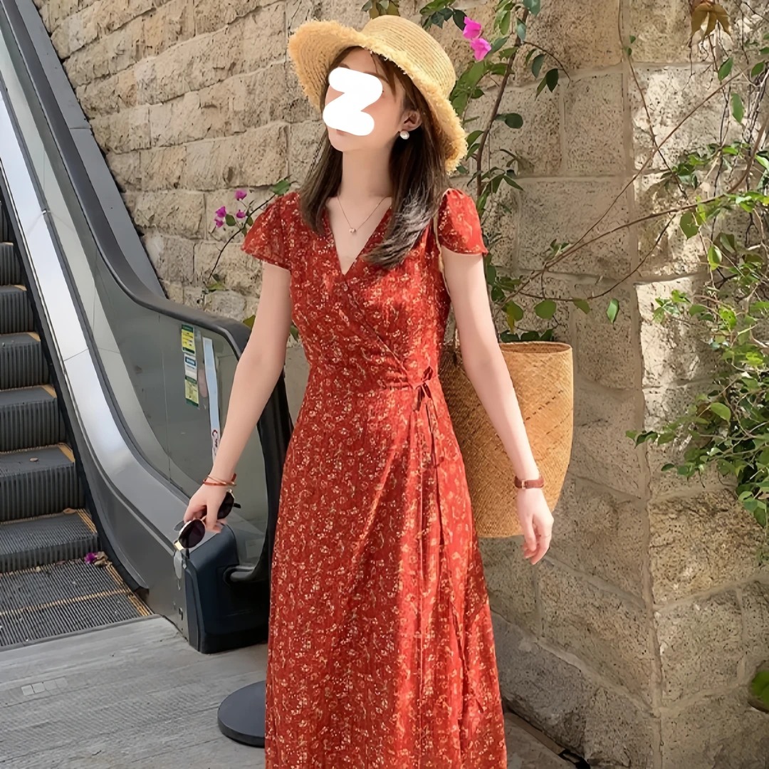 小个子V领红色碎花连衣裙女夏2025新款法式气质短袖收腰显瘦长裙