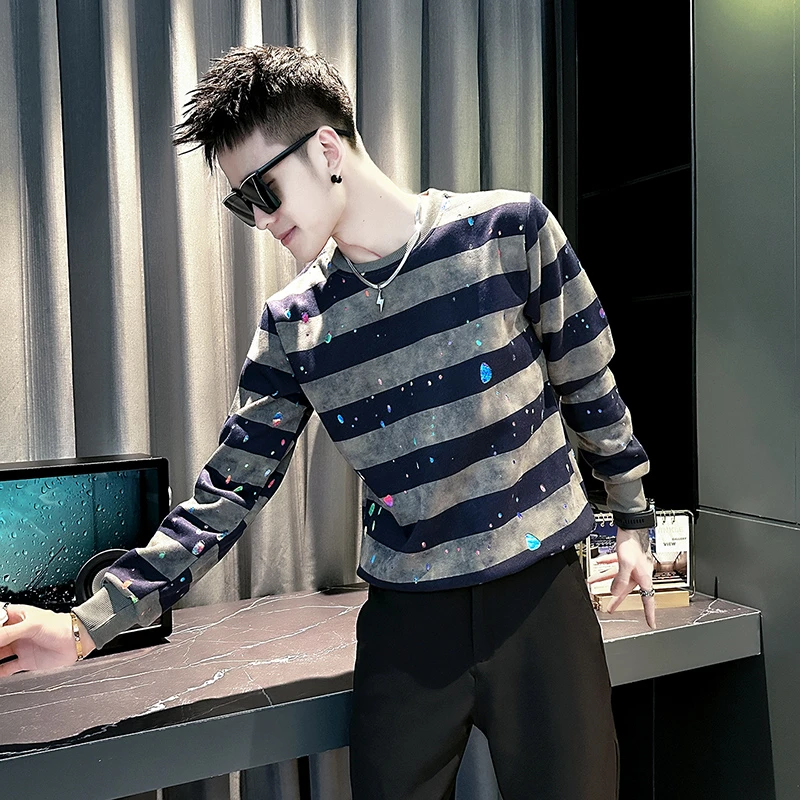 男士卫衣春秋新款青少年潮牌条纹长袖打底衫秋季男装痞帅上衣外套