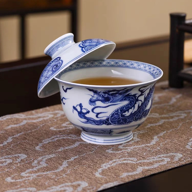 景德镇手工手作釉下彩青花瓷穿云龙高端茶具陶瓷二才元宝盖碗