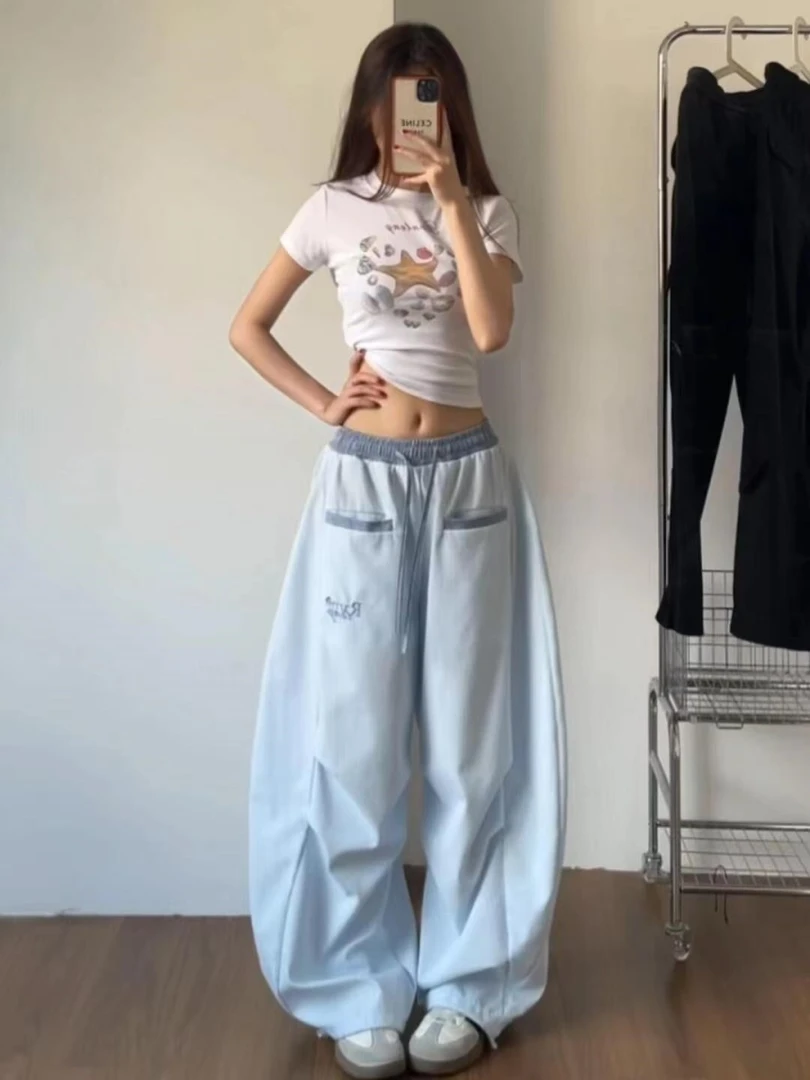 美式蓝色格子休闲条纹裤女2025夏季新款多巴胺跳舞宽松阔腿弯刀裤