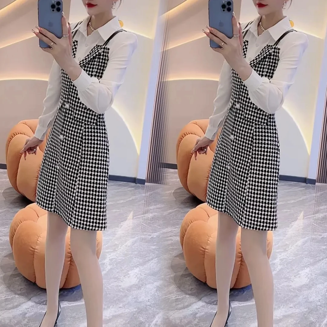 时尚洋气遮肉翻领收腰连衣裙女2025秋季小个子新款假两件a字裙子