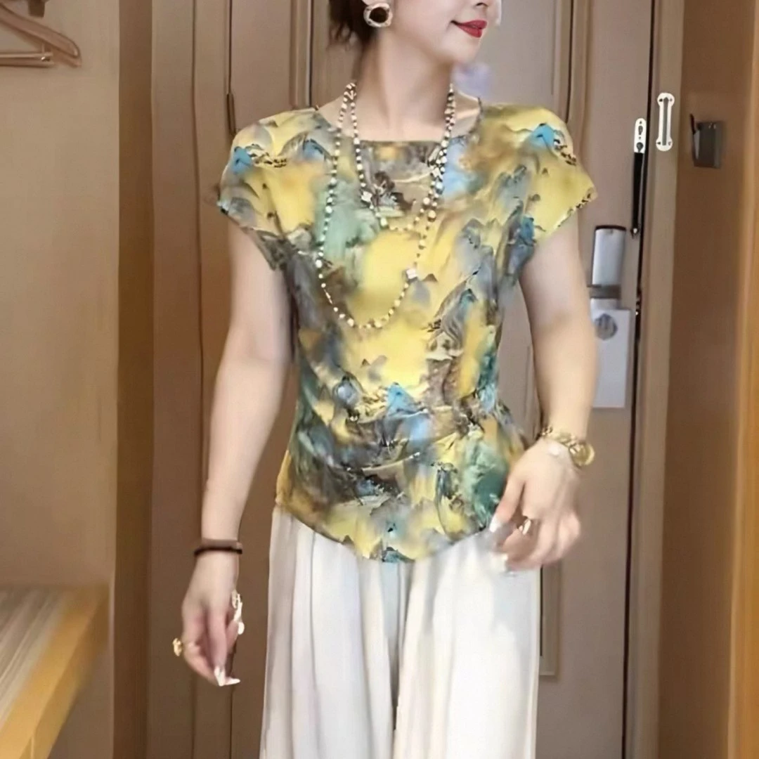 2025夏季新款气质优雅时尚山水画印花收腰褶皱上衣