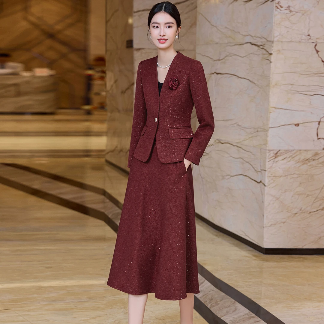 时尚套装贵气无领西服裙子两件套轻奢高级感女人味女装套装裙8187