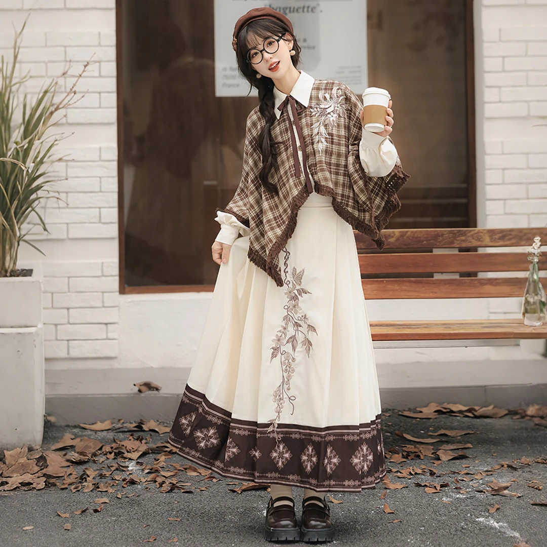 锦慕枯枝文艺复古国风套装不规则格子斗篷上衣半身裙秋冬款两件套