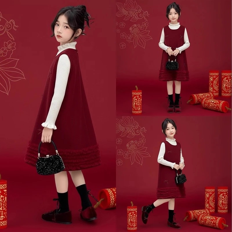 女童拜年服2026新款冬季女孩洋气高级感连衣裙儿童红色本命年套装