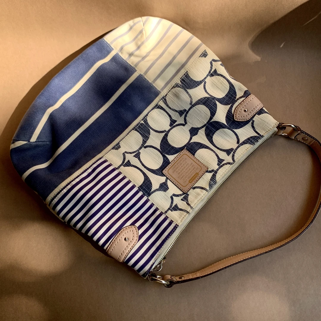 95新 COACH/蔻驰 时尚复古简约中古老花帆布拼接秀款单肩腋下包
