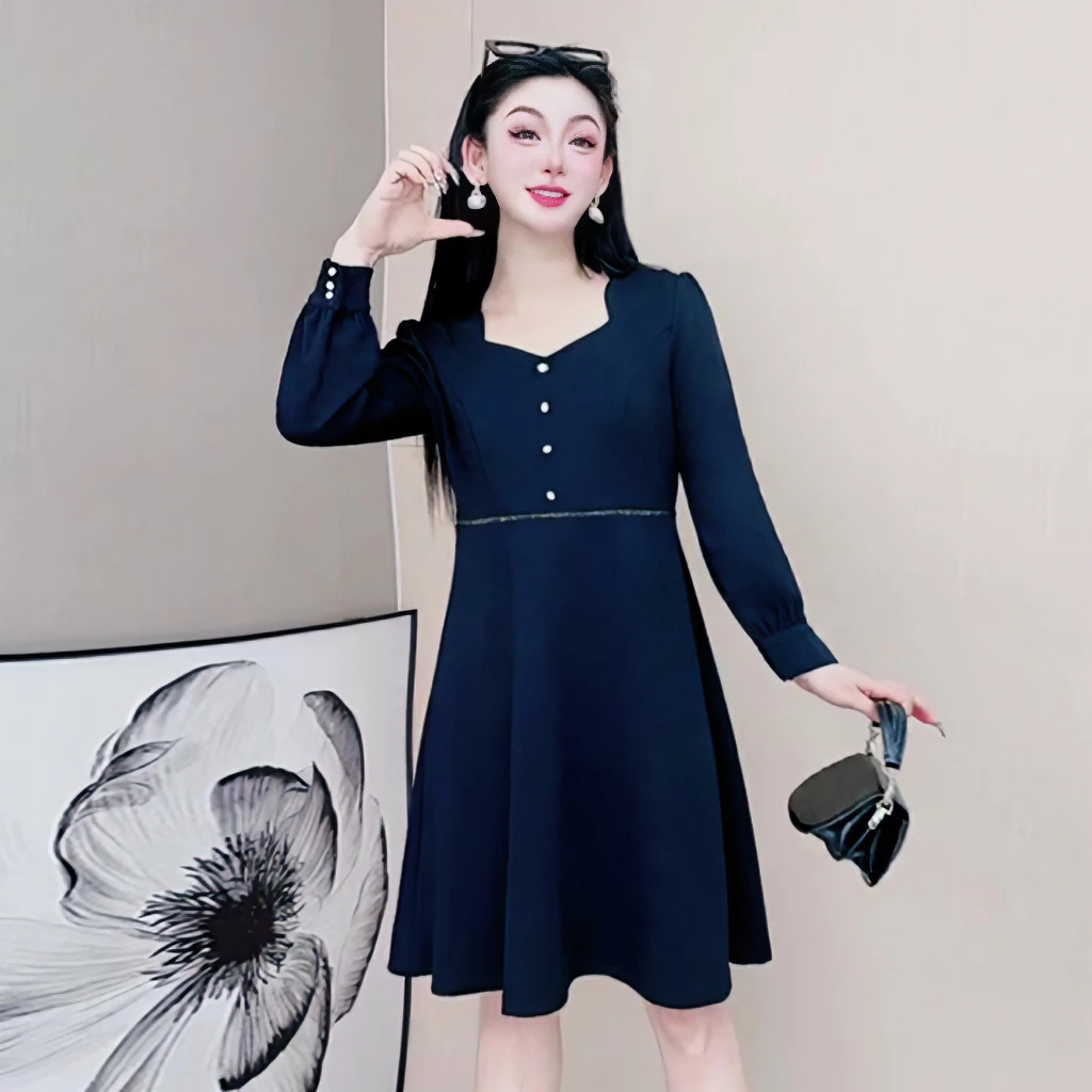 2120黑色长袖赫本风打底裙大码女装法式复古裙子法式显瘦时尚洋气