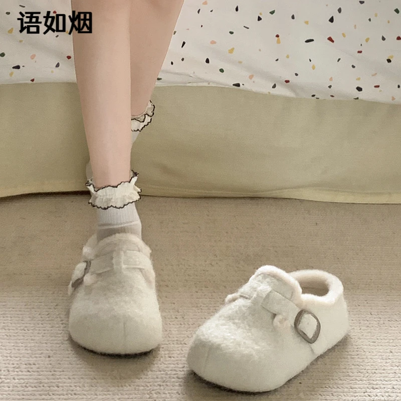 时尚气质白色平底棉鞋女2025新款冬季加绒加厚保暖一脚蹬勃肯鞋子