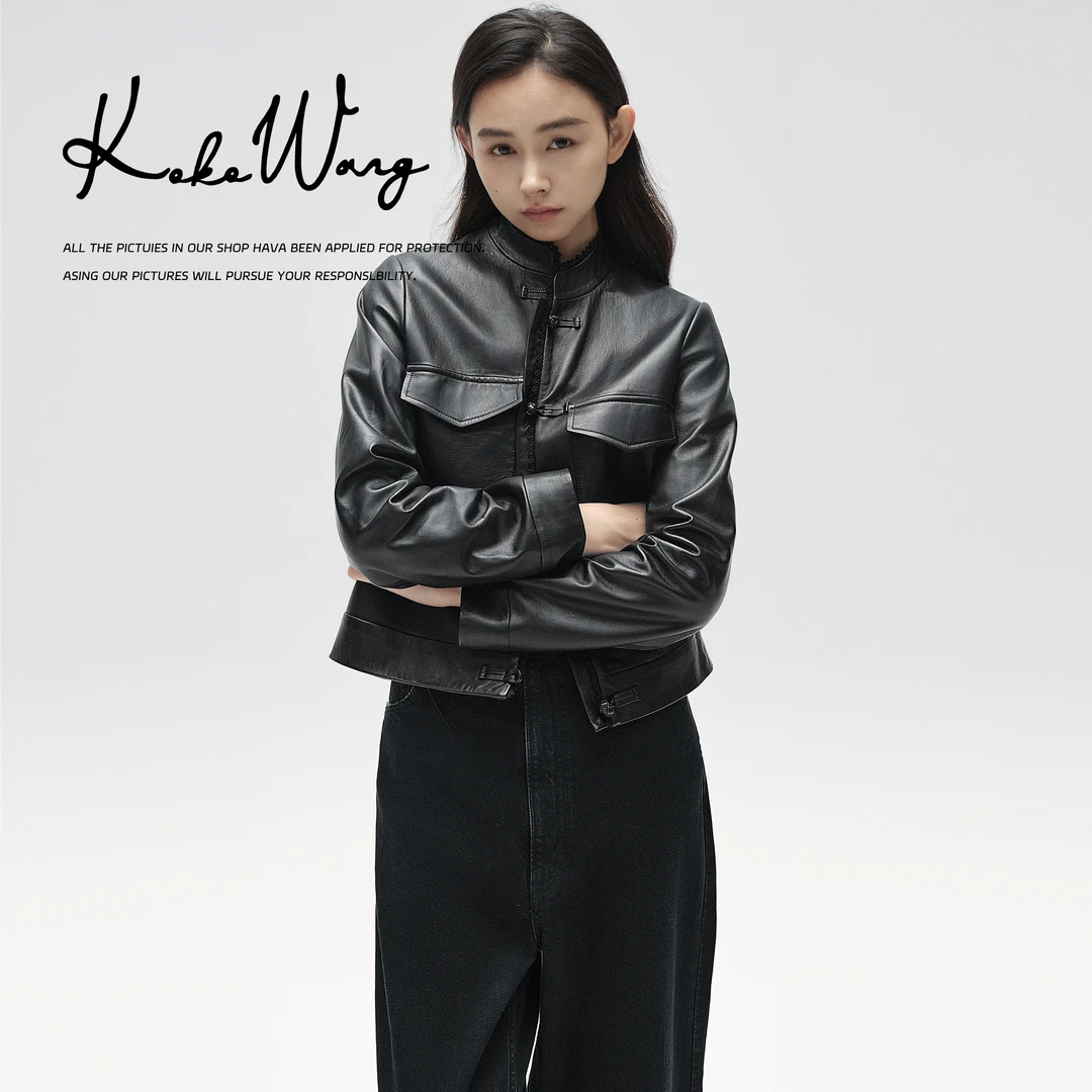 KOKO WANG秋冬蕾丝花边进口A+羊皮盘口夹克皮衣外套N0685F09W43