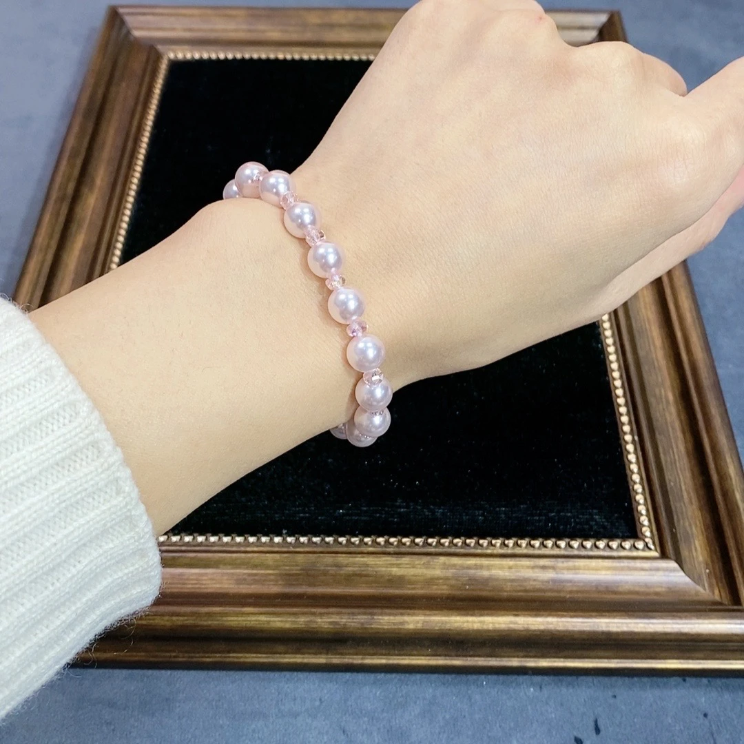 非金属仿珍珠手链 706浅粉色卡8MM百搭温柔手串手链女款简约手工