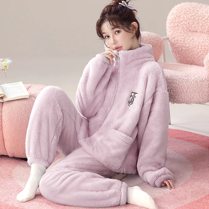 【锁温保暖】雪花绒女士休闲毛绒睡衣套装可外穿秋冬天暖绒家居服