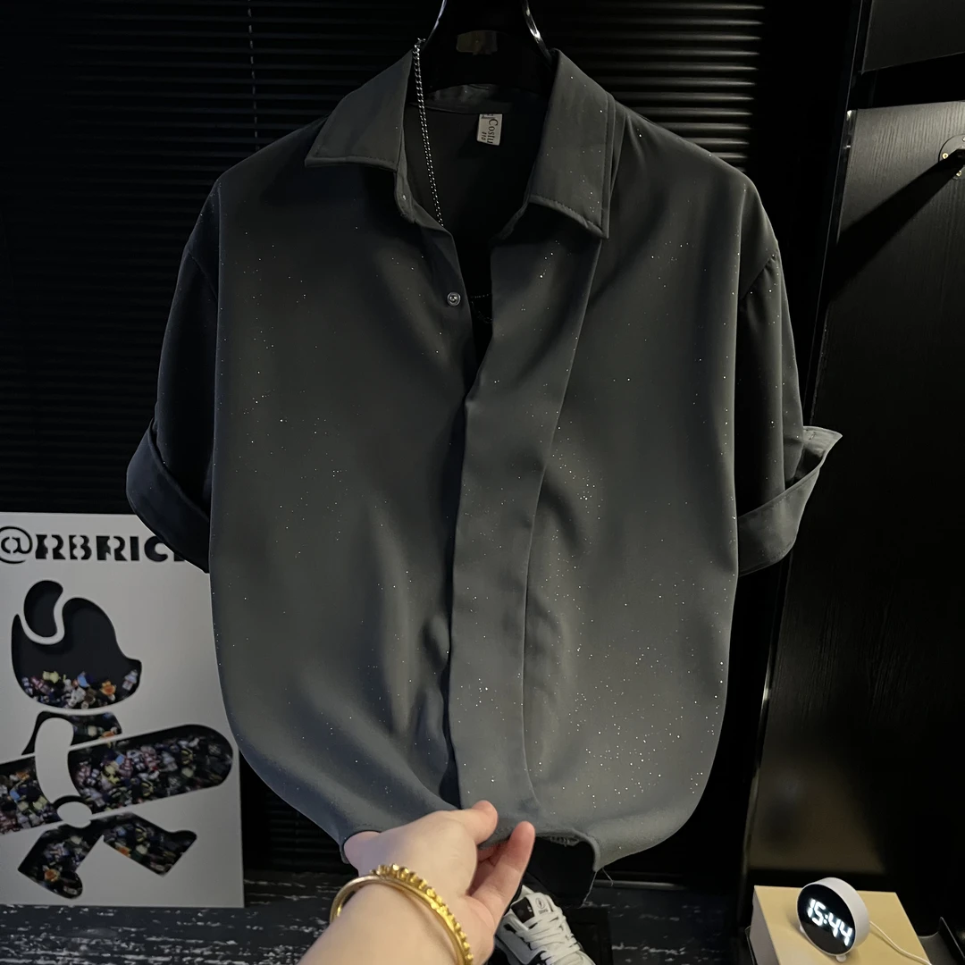 HN-潮流男装夏季痞帅宽松韩版休闲男士七分衬衣上衣短袖衬衫5