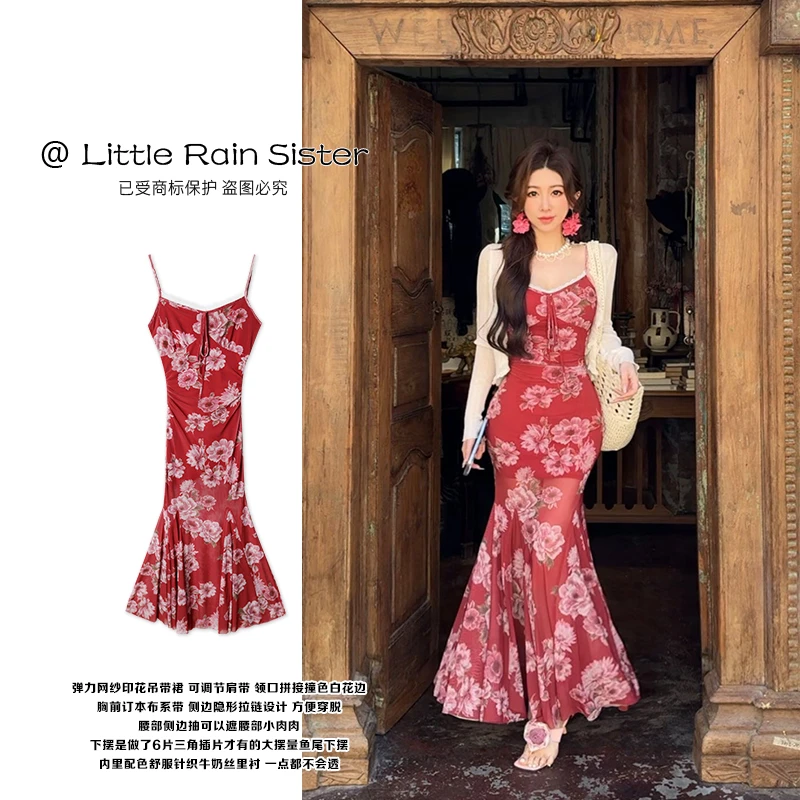 小雨姐姐新款【乌木玫瑰】时尚复古设计感修身度假风印花吊带连衣裙