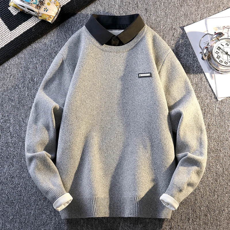 侨迪蒙拉轻奢高品质秋冬季衬衫领男针织衫加厚保暖休闲假两件毛衣