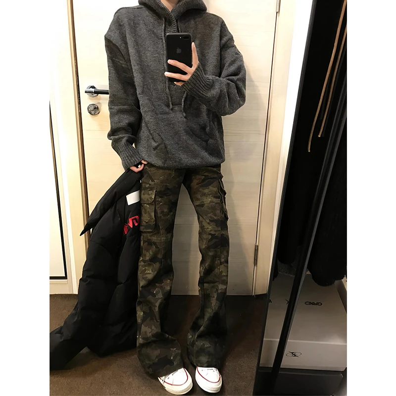 美式vibe高街迷彩牛仔裤男春秋季cleanfit工装伐木裤子微喇直筒裤