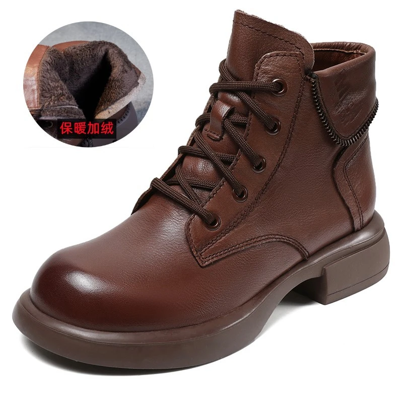 新款冬季头层牛皮中跟软底软面女士休闲百搭马丁靴