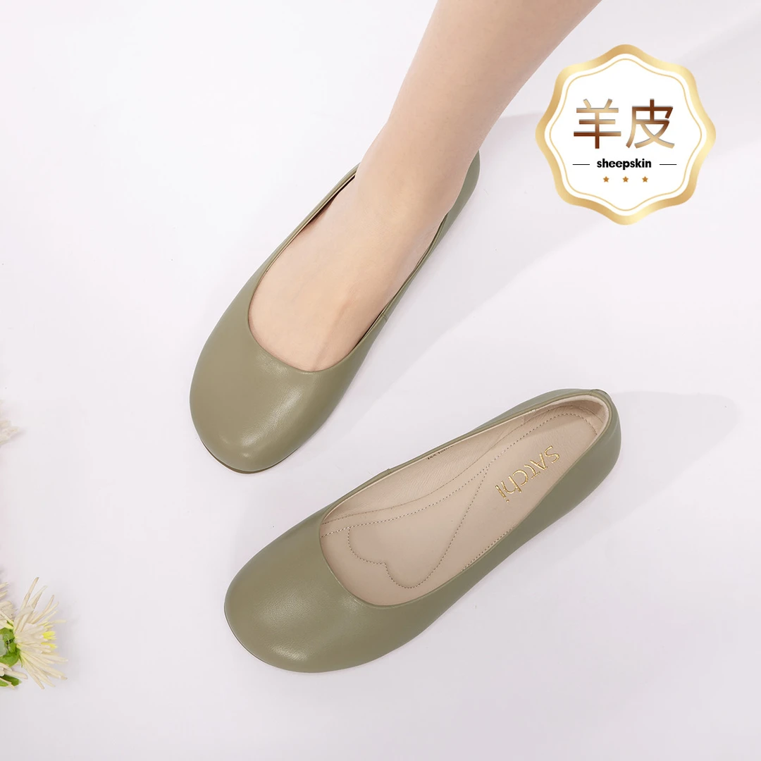 沙驰 羊皮奶奶鞋简雅一脚蹬浅口女单鞋舒软芭蕾鞋舒适通勤鞋