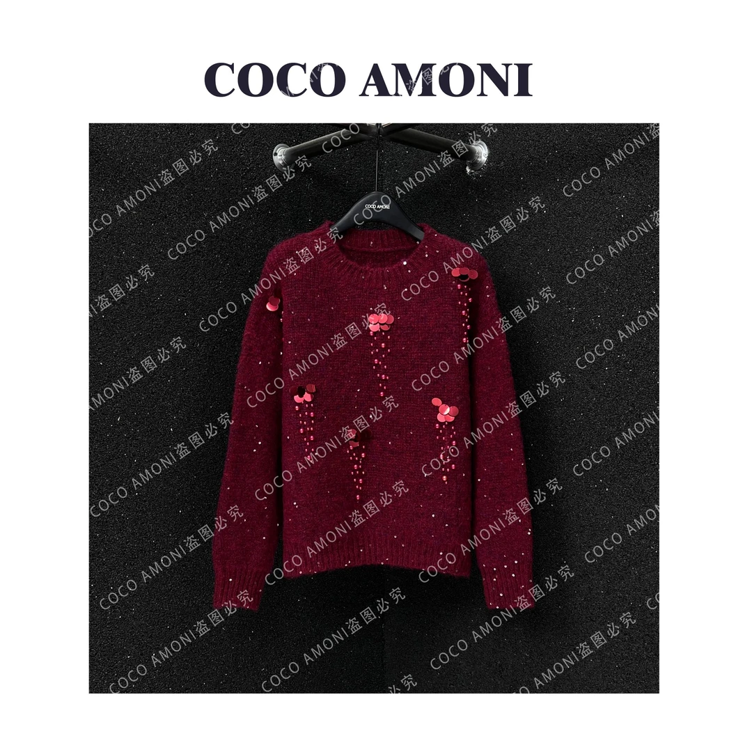 2025新款红色圆领洋气亮片宽松外穿精致针织衫长袖毛衣DS354