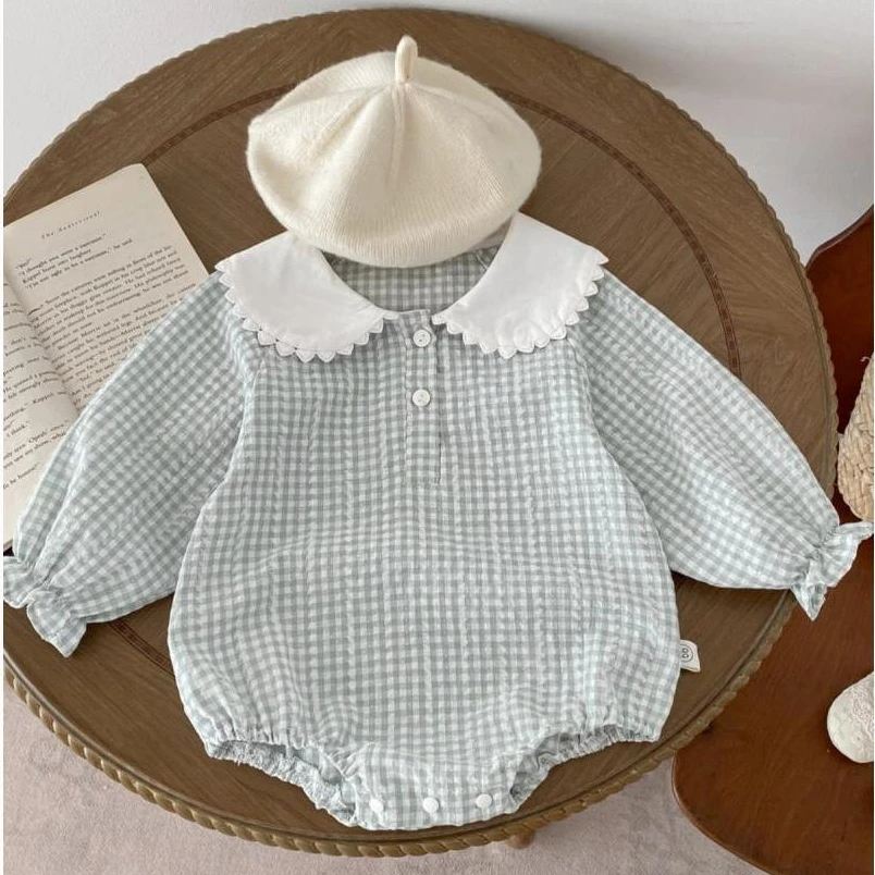 潮款春款包屁衣女宝宝婴儿包屁衣新生儿春秋装娃娃领长袖格子哈衣