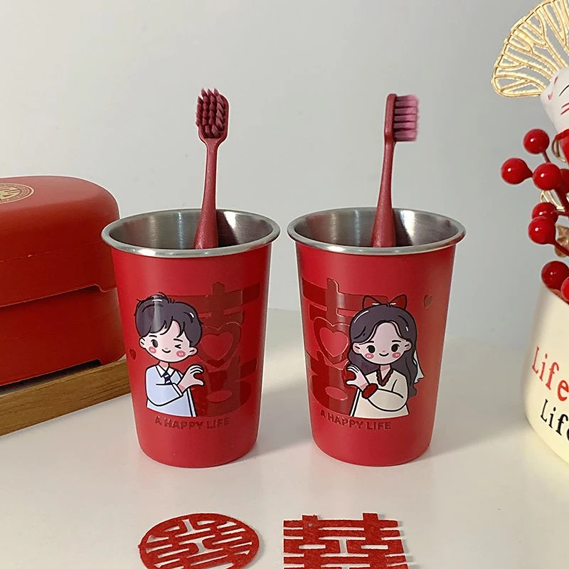 婚庆结婚新婚陪嫁喜字漱口杯陪嫁免打孔浴室耐脏不锈钢家庭牙刷杯