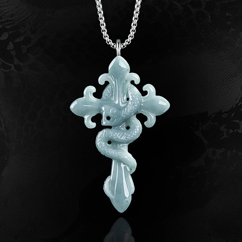 原创天然翡翠十字黑曼巴灵蛇纪念项链冰种玉石男女蛇年本命年挂件