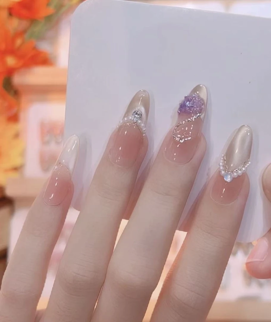 【天鹅】纯手工穿戴甲光疗甲春季猫眼美甲贴片可拆卸10片装