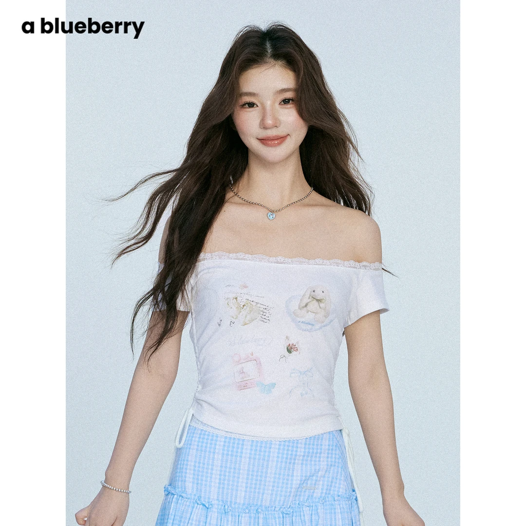 ablueberry 拼接蕾丝一字肩上衣女设计感印花短袖t恤BF1276252