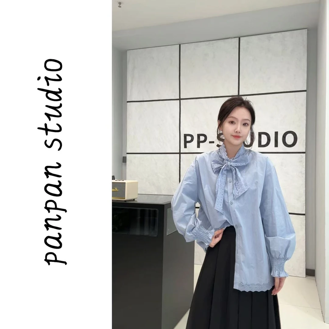 潘潘/2025早春新款蝴蝶结蕾丝花边长袖衬衫女款高级感百搭百褶裙