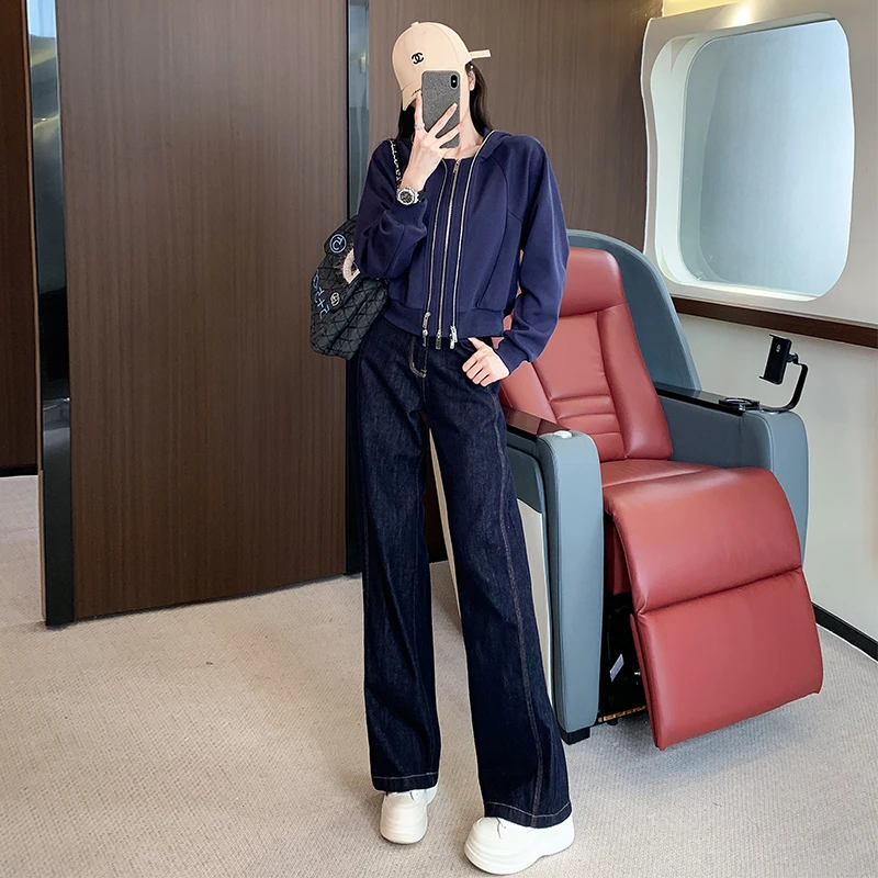 网红复古港风时尚休闲套装女秋季高级感连帽卫衣牛仔直筒裤两件套