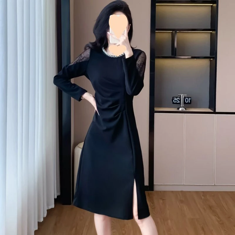 2025春秋新款拼接显瘦时尚开叉洋气收腰长袖修身气质连衣裙裙子