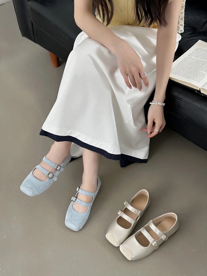 2505-1夏季软皮女韩版玛丽珍浅口单鞋平底双扣方头网红舒适百搭