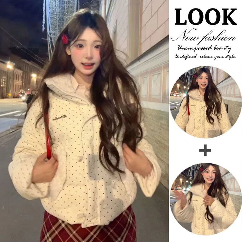 2025冬季新款白色波点棉服外套女可爱学院风保暖宽松面包服