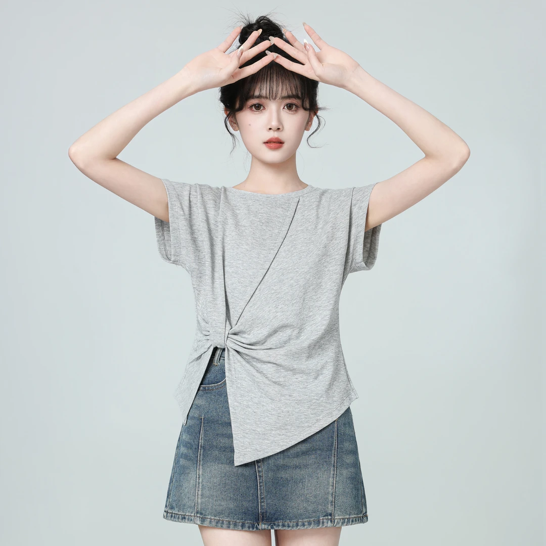 灰色不规则短袖T恤女夏2025夏季新款扭结开叉设计感圆领体恤上衣