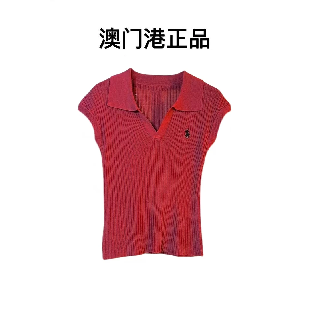 【澳门港正品】修身冰丝针织衫短袖女薄款罩衫2025夏季新款红色上衣