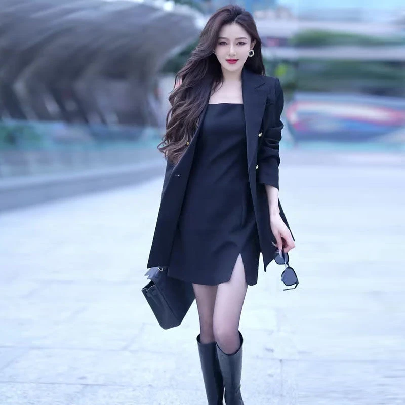 时尚套装新款外套色西装宽松洋气显瘦气质西服开叉吊带裙两件套