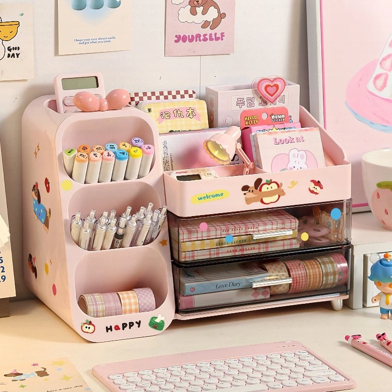 斜插笔筒多功能收纳盒抽屉式学生书桌办公室桌面大容量文具置物架