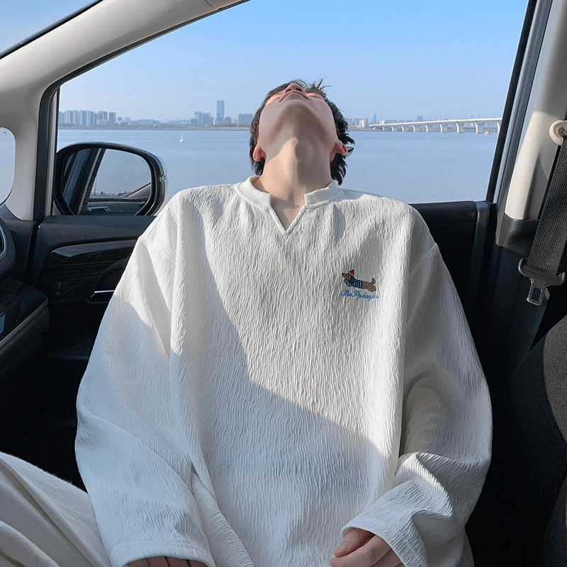 肌理感V领长袖T恤男春秋潮牌美式上衣服高级感痞帅宽松内搭打底衫