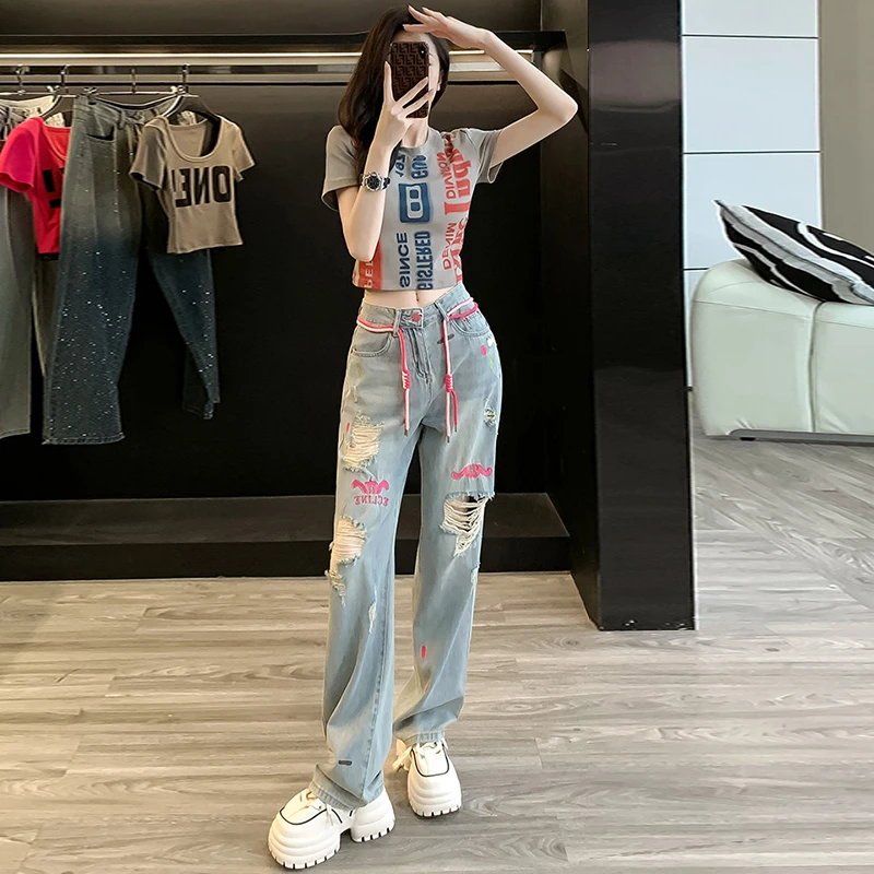 网红炸街时尚休闲运动套装女夏显瘦短款t恤破洞高腰牛仔裤两件套