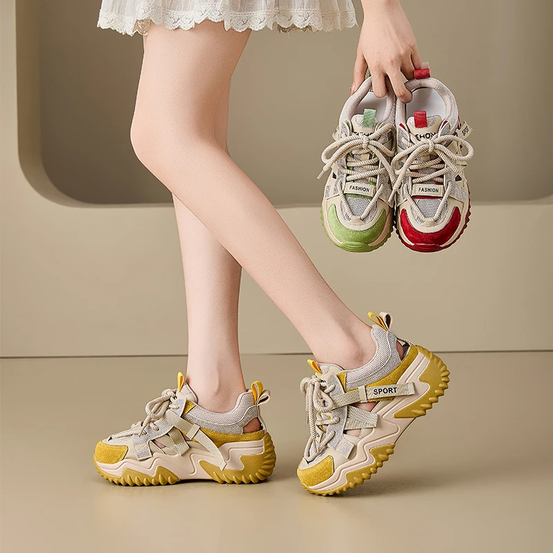 厚底低帮网面潮鞋老爹鞋女拼色镂空休闲时装夏季凉鞋百搭软底