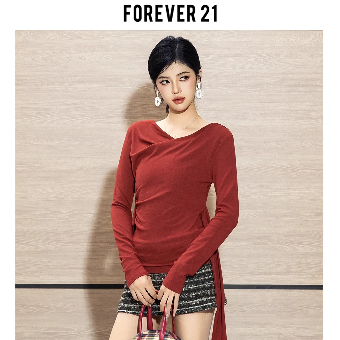 Forever21法式复古绑带显瘦收腰T恤女早秋新款内搭修身长袖上衣女