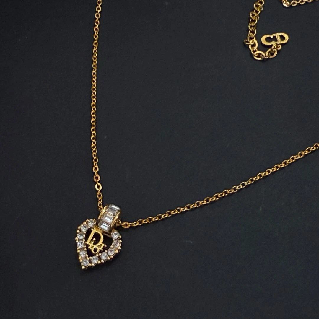 95新 DIOR/迪奥 金色爱心满钻拼方钻项链61066653