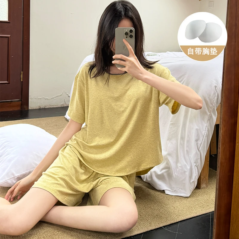 夏季短袖薄款带胸垫纯色睡衣女2025新款简约休闲可外穿家居服套装